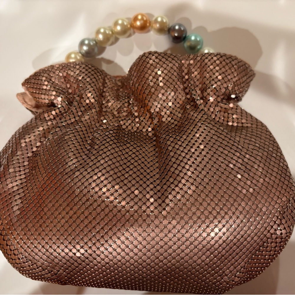 Whiting & Davis Pink Rose Metal Mesh Clutch Bag with Pearl Handle